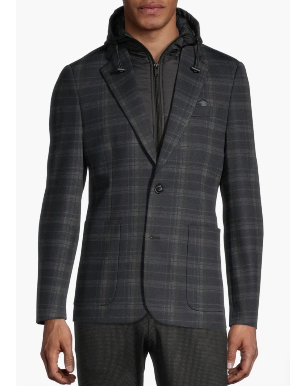 Soul of London Men's Charcoal Plaid Blazer with Zip-Hood Layer
